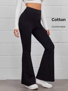 SHEIN EZwear Flare Leg Solid Trousers - Black - View 1