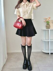 FRIFUL 女士蕾丝边短衬衫，优雅女士夏季上衣 - 杏色 - 查看 2