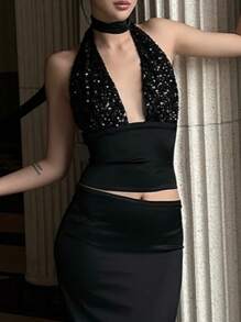 INAWLY 女士简约时尚休闲日常黑色吊带上衣