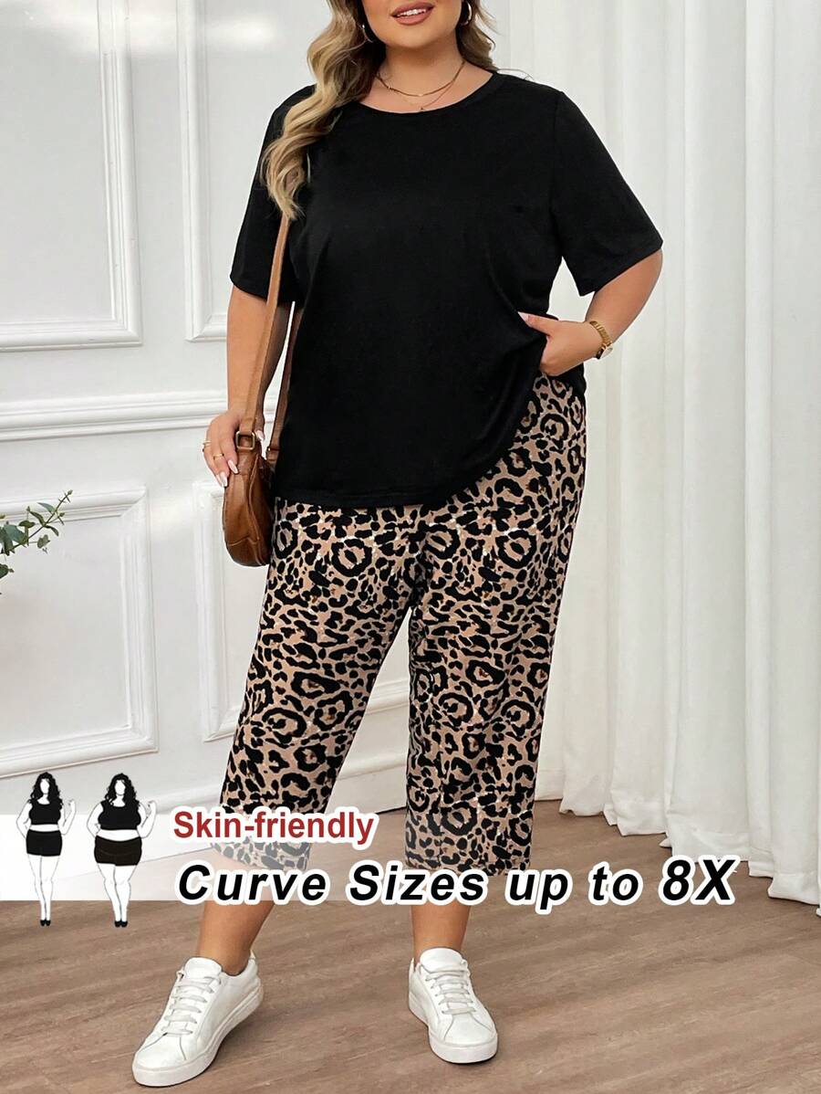 SHEIN CURVE+ Plus Size Leopard Print 2 Pieces Set - Short Sleeve Round Neck T-Shirt And 7/8 Print Pants - Multicolor - View 1