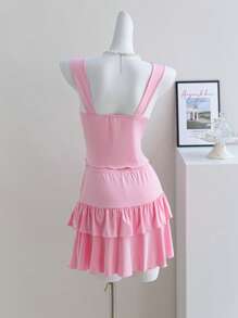 Váy mini màu hồng cho bé gái tuổi teen kèm quần short, bộ áo ba lỗ dệt kim dây nơ, phong cách ngọt ngào & Y2K - Hồng - Xem 2