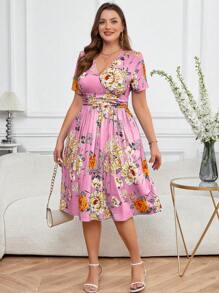 SHEIN Clasi Plus Size Pink Floral Print Wrap V-Neck Short Sleeve Summer Dress With Pockets