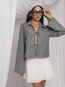 COSMINA Women's Casual Striped Tie Front Bell Sleeve Shirt - Black and White - View 1
