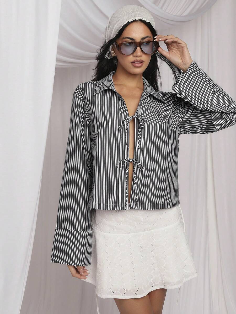COSMINA Women's Casual Striped Tie Front Bell Sleeve Shirt - Black and White - View 1