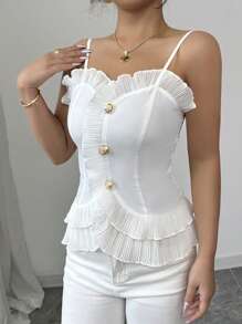 Elenzga 褶饰吊带背心优雅不对称背心，简约时尚，适合日常休闲穿着