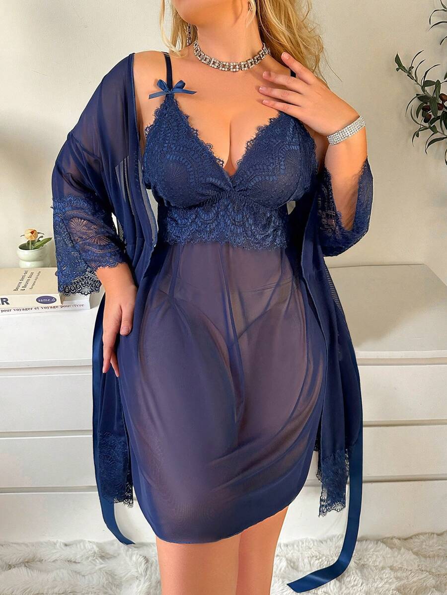 SHEIN 大码纯色蕾丝拼接休闲家居服套装 - 藏蓝色 - 查看 1