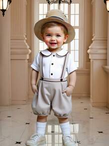 2 pièces Ensemble de chemise à col Peter Pan mignon et salopette pour bébé garçon/fille. Tenue de gentilhomme, convient pour un anniversaire, une occasion, un mariage, un baptême, une célébration du 1er anniversaire, une baby shower - Multicolore - Voir 10