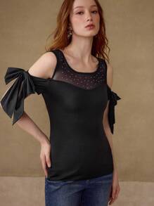 MOTF CONTRAST MESH BOW DETAIL T-SHIRT