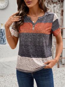 EMERY ROSE Dames V-hals gestreepte print korte mouw casual T-shirt, willekeurige printpatronen, zomer