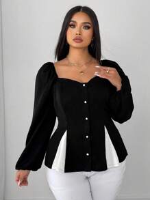 SHEIN Unity Plus Size Women's Sexy Elegant Patchwork Open Slit Long Sleeve Blouse - Black - View 8