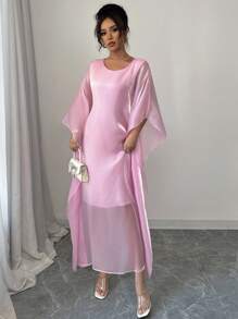Elenzga Women's Solid Color Round Neck Batwing Sleeve Elegant Mid-Length Dress - Pink - View 5