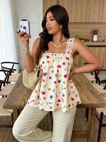 Weeklong Débardeur à motif carreaux et micro-fleurs pour femmes grande taille avec broderie