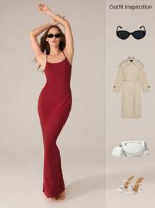 GLOWMODE 莫代尔鱼尾长款吊带裙可调节肩带日常休闲夏季连衣裙派对礼服长裙舞会礼服 - 紫紅色 - 查看 8