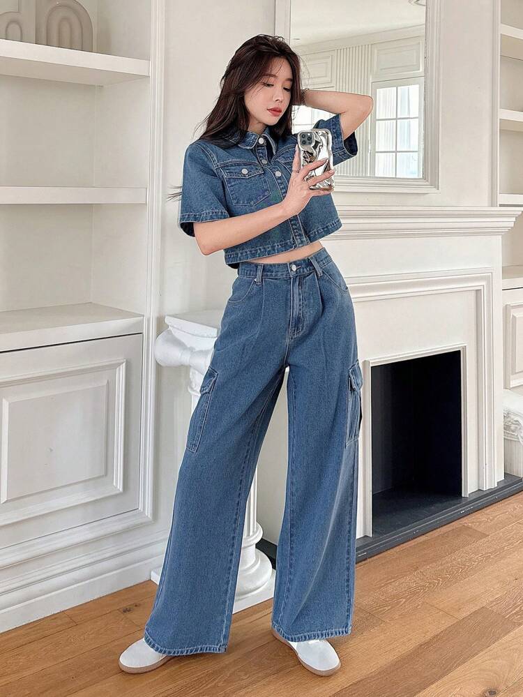 Women's Casual Loose Pocket Shirt And Wide Leg Denim Pants 2 Pieces Set