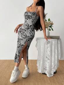 Muchica 女士度假侧开衩下摆吊带背心花卉瓷器印花连衣裙 - 黑色 - 查看 4