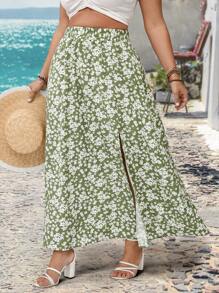 SHEIN VCAY Falda con abertura frontal con estampado floral romántico tipo "ditsy" en tallas grandes, falda suelta y versátil para playa y vacaciones, regalo de San Valentín - Verde - Ver 4