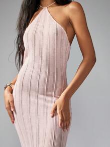 MISSGUIDED Đầm maxi cổ yếm dệt kim gân thanh lịch, ôm sát cơ thể, không tay, dài đến sàn, thích hợp cho tiệc cưới, dự tiệc, có xẻ tà bên. - Bụi hồng - Xem 4
