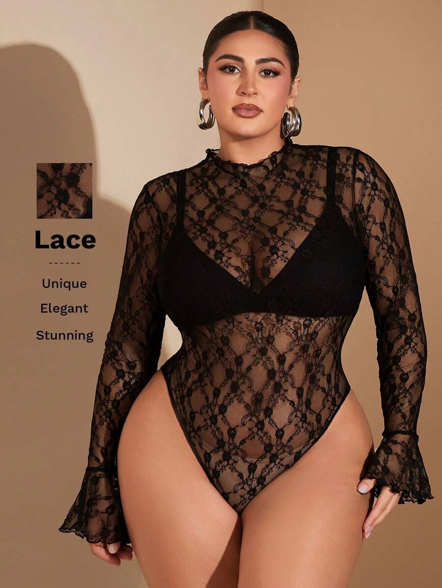 SHEIN BAE Plus Size Curve Women Elegant Party Sexy Sweet See-Through Black Lace Ruffle Cuff Bodysuit Black Long Sleeve Plus Size Sets Fall Turtle Neck Bodysuit One Piece Bodysuit Plus Bodysuit Curve Black Mesh Bodysuit Christmas Outfit Women Going Out Bodysuit - Black - View 1
