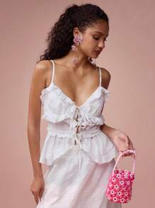 Enchnt 春夏浪漫女士白色精致花卉刺绣荷叶边蝴蝶结吊带背心，甜美优雅，适合婚礼季派对、甜蜜约会、花园派对、度假等场合。 - 白色 - 查看 3