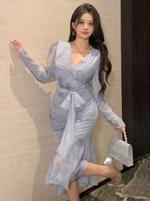 DAZY Women's V Neck Floral Mesh Lace Up Ruched Fishtail Midi Dress Prom Dress,Ruffle,Fall Dress - Blue - View 9