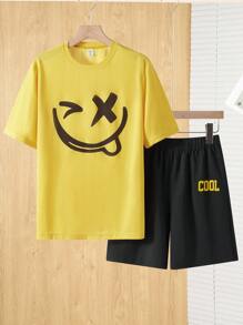 SHEIN Leap Crew 2 件套青少年男孩休闲黄色笑脸短袖 T 恤和黑色短裤套装，街头朋克摇滚校园日常装，音乐节，适合春夏 - 彩色 - 查看 2