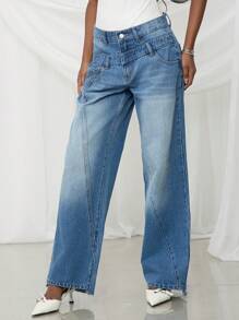 NYA SZN 春季双腰带细节中度水洗直筒牛仔裤节日夏季度假办公室西服学院风休闲装女士 - 中等水洗藍 - 查看 1