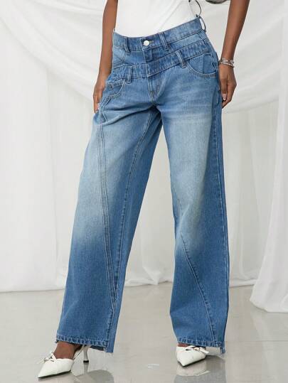 NYA SZN 春季双腰带细节中度水洗直筒牛仔裤节日夏季度假办公室西服学院风休闲装女士