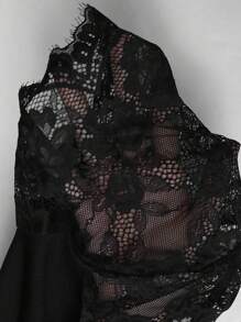 SHEIN Clasi Women Casual Elegant Romantic Solid Color Lace Splice Sleeve Sheer Slim Fit Short Sleeve T-Shirt