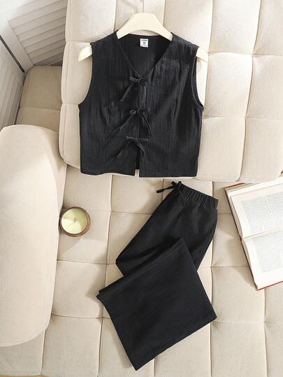 SHEIN Leap Crew Tween 女童时尚街头风格编织纯色蝴蝶结装饰无袖上衣和阔腿裤 2 件套，适合春夏季、郊游、乡村、茶会、休闲装、返校、母女装