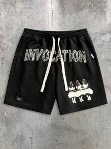 Manfinity VCAY Men's Letter Print Drawstring Waist Casual Loose Knit Shorts - Black - View 1