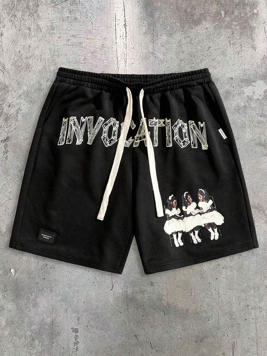 Manfinity VCAY Men's Letter Print Drawstring Waist Casual Loose Knit Shorts - Black - View 1