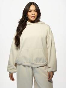 MISSGUIDED PLUS 大尺碼伴娘寬鬆連帽衛衣套頭衫 婚禮新娘必備 舒適保暖冬季休閒款 附袋鼠口袋 刺繡設計 - 卡其色 - 查看 1