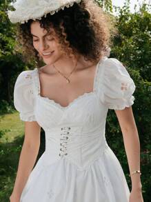 SHEIN MOD Vestido blanco con manga abullonada, volantes y bordado en la cintura - Blanco - Ver 3