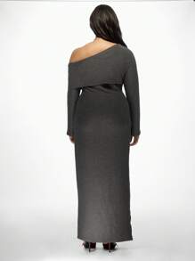 MISSGUIDED PLUS Plus Size Off-Shoulder Maxi Dress With Side Slit Elegant Long Sleeve Evening Party Winter Fall Wedding Guest Floor Length Bodycon - Grey - View 2