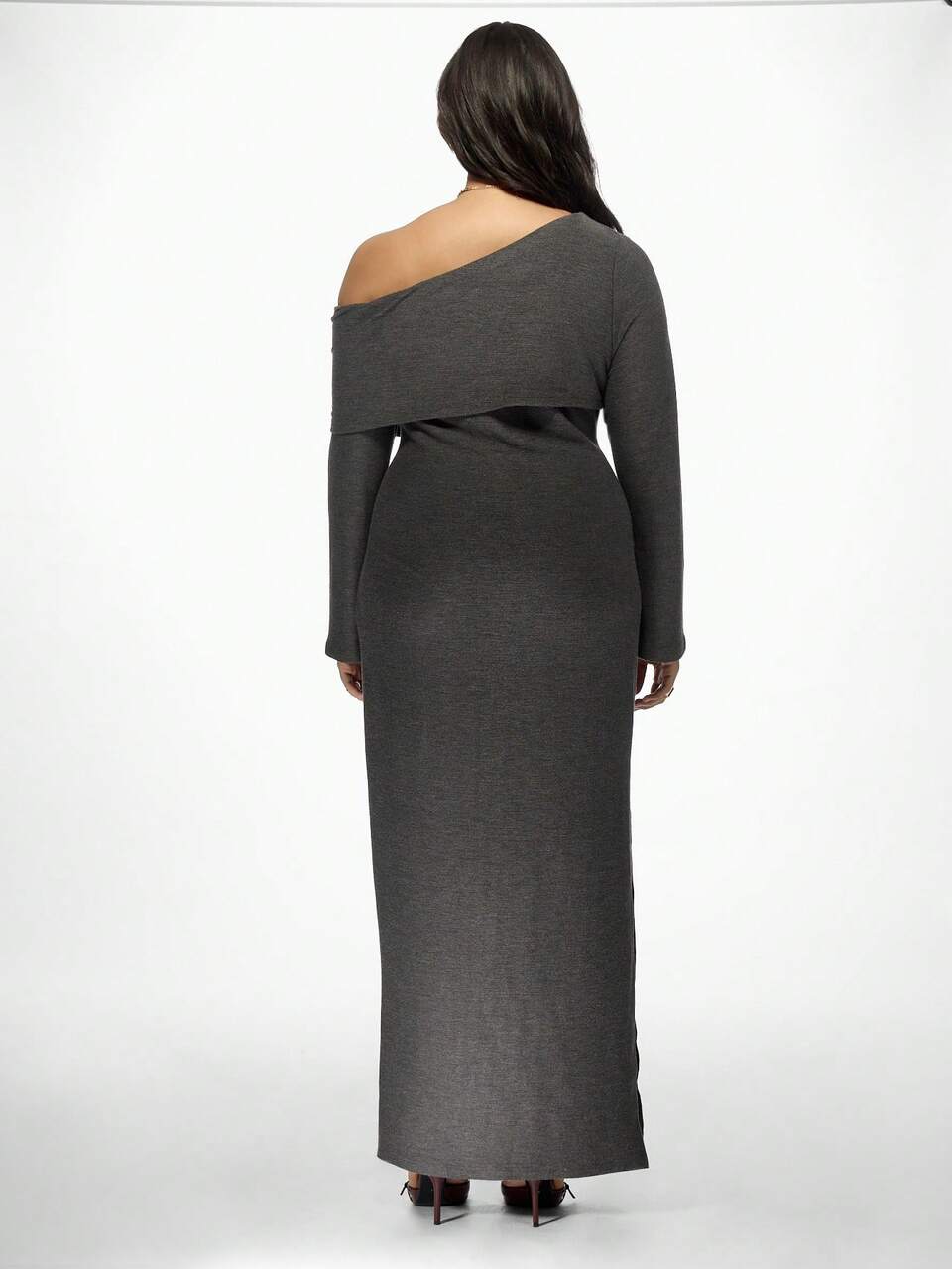 MISSGUIDED Plus Size Off-Shoulder Maxi Dress With Side Slit Elegant Long Sleeve Evening Party Winter Fall Wedding Guest Floor Length Bodycon