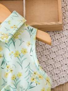 SHEIN Playful Pals 女嬰綠色碎花襯衫洋裝 夏季可愛派對休閒度假風 領口設計 前開扣 薄荷綠蝴蝶結飾洋裝 - 綠色 - 查看 6
