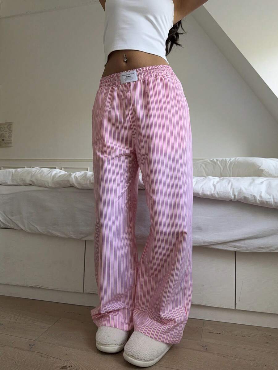 SHEIN EZwear 女式直筒宽松编织条纹字母印花长裤