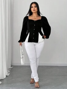 SHEIN Unity Plus Size Women's Sexy Elegant Patchwork Open Slit Long Sleeve Blouse - Black - View 6