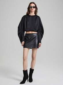 Ontre 90s Women's Fashion 2025 Spring New Arrival Ladies Black PU Embossed Material Short Skirt, Daily Wear, Versatile, Minimalist Fashion Bottom - Black - View 6