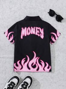 Young Boy Fire Flame Letter Print Short Sleeve Single-Breasted Casual Shirt - Black - View 8
