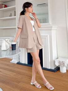 DAZY 纯色宽松西装外套和短裤女士套装商务装 - 粉色 - 查看 3