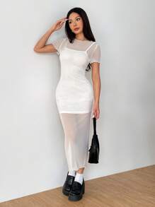 Muchica Casual Solid Color Mesh Fitted Dress - White - View 1