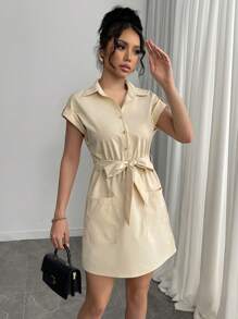 Chiquease Women's Solid Color Short Sleeve Single-Breasted Pocket Casual Shirt Dress