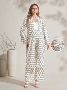 SHEIN Maternity Geometric Print Casual Loose 2 Pieces Set, Spring/Summer - Apricot - View 1