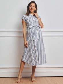 MaterniWear Maternity Casual Striped Front Button Dress - Blue - View 1