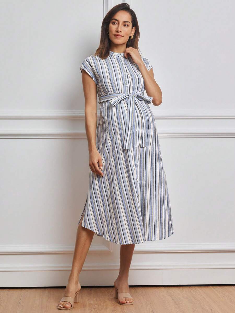 MaterniWear Maternity Casual Striped Front Button Dress - Blue - View 1