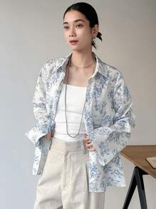 FRIFUL 女式碎花领长袖休闲衬衫，春季办公室服装