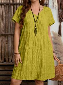 EMERY ROSE Plus Size Women V-Neck Short Sleeve Ruched Straight Casual Country Dress For Women Summer Outfits Spring Outfits For Women Western Wear Women Easter Dress Women Vacation Outfits Women - Mustard Yellow - View 3