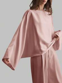 Ontre Blusa elegante de estilo minimalista y casual de negocios con mangas anchas de material de satén para mujeres, cuello barco de seda de moral rosa de manga larga, otoñal de vuelta al colegio 2025