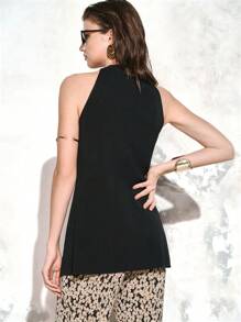 SHEIN LUNE Urban Chic Women Sleeveless Hollow Metal Buckle Design Knit Halter Neck Top, Spring/Summer - Black - View 2